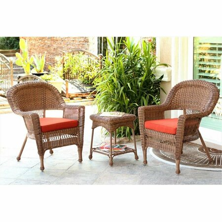 JECO 3 Piece Honey Wicker Chair And End Table Set With Red Orange Chair Cushion W00205_2-CES018